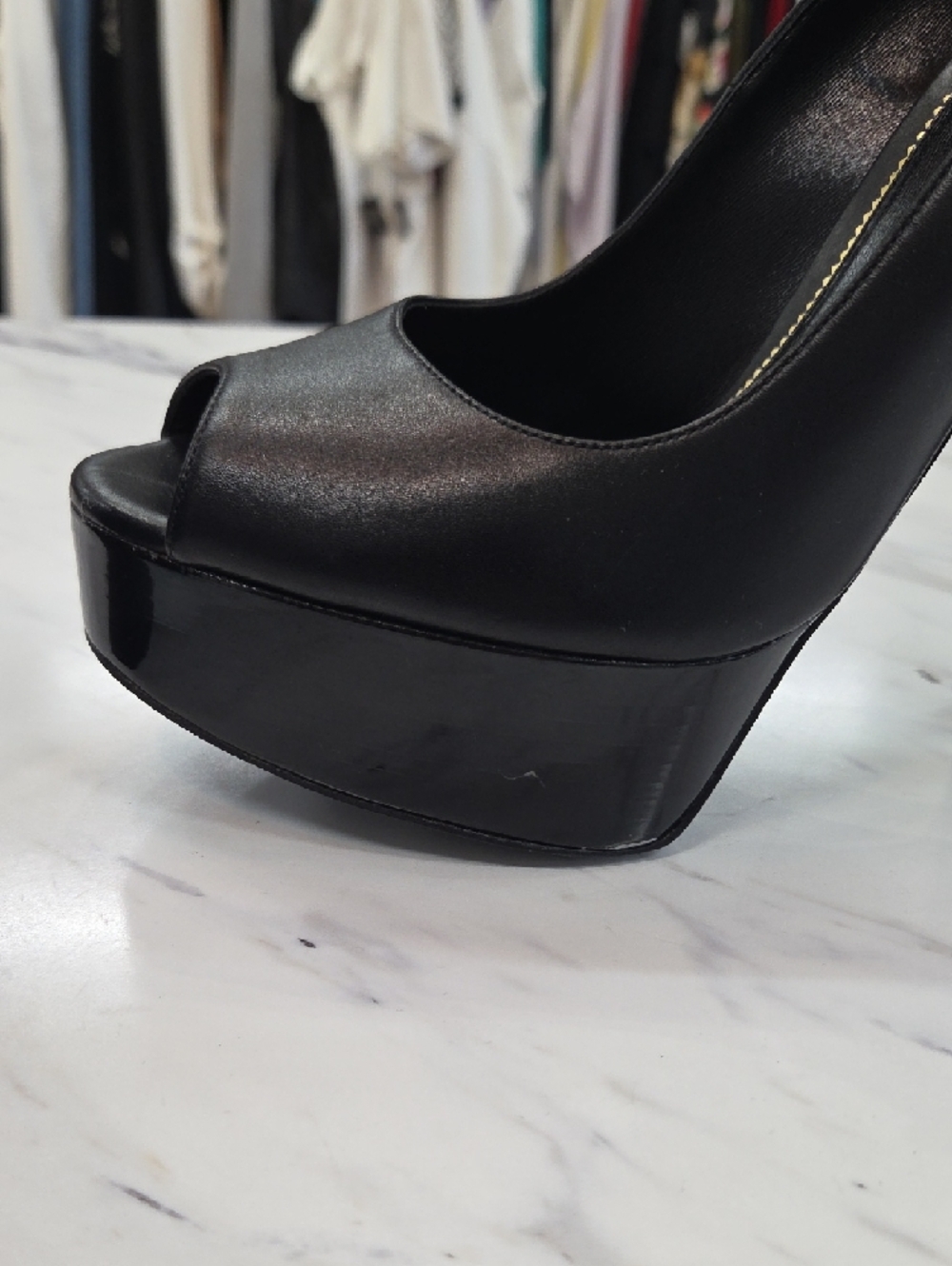 Tom Ford Black Leather Platform Peep-Toe Heels with Gold Buckle - Picture 8 of 11